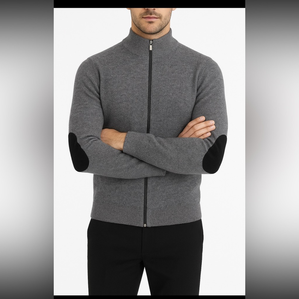 Peter Millar 100% Merino Wool Full-Zip Sweater Men XL Grey Elbow Patch Preppy